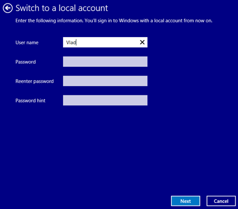 Windows 8.1, PC Settings, hạ cấp, tài khoản người dùng, địa phương, Microsoft, chuyển đổi