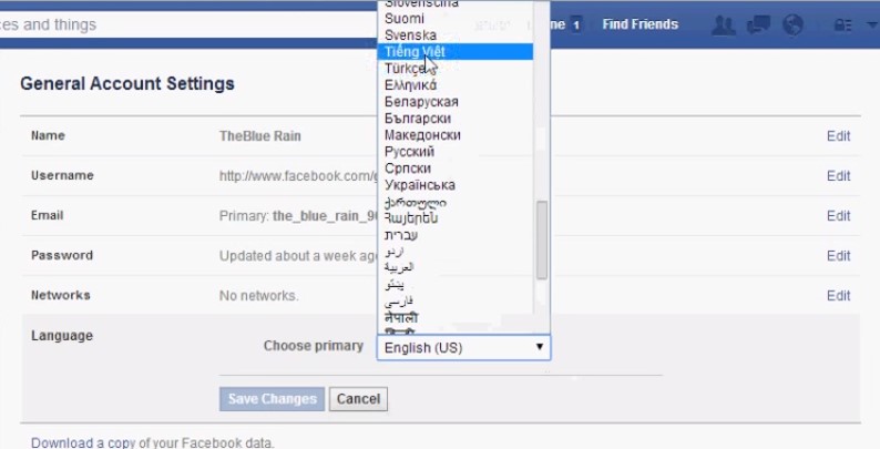 chuyển Tiếng Anh sang Tiếng Việt trên Facebook trong máy tính