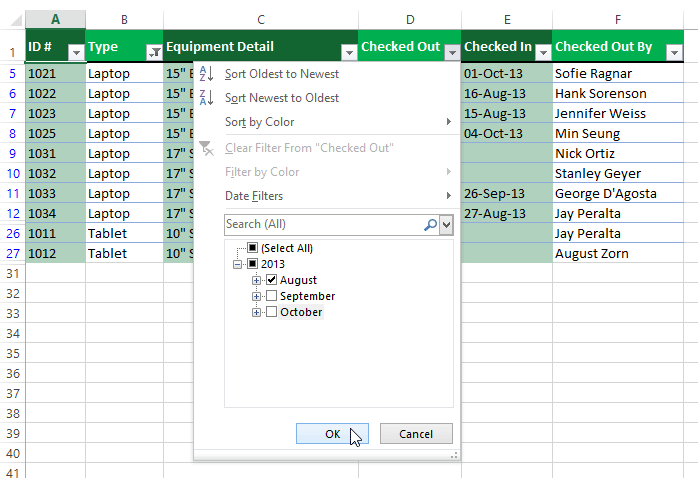 Cách lọc dữ liệu trên Excel 2013