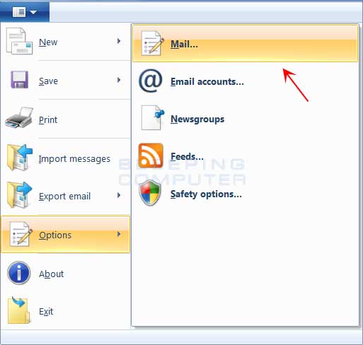 Trình đơn tùy chọn Windows Live Mail