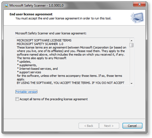 Đồng ý điều khoản Microsoft Safety Scanner
