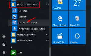 Mở Bàn phím ảo Windows 10 trên màn hình từ Start Menu